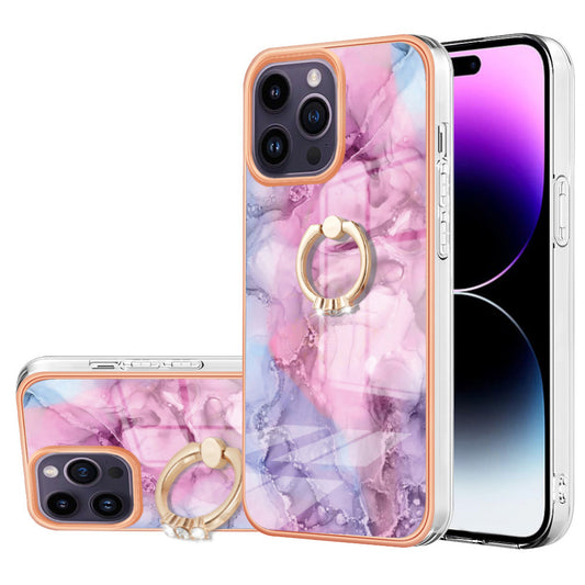 YB IMD Series-17 Style-E for iPhone 15 Pro Max Ring Kickstand 2.0mm TPU Phone Case IMD Marble Pattern Back Cover