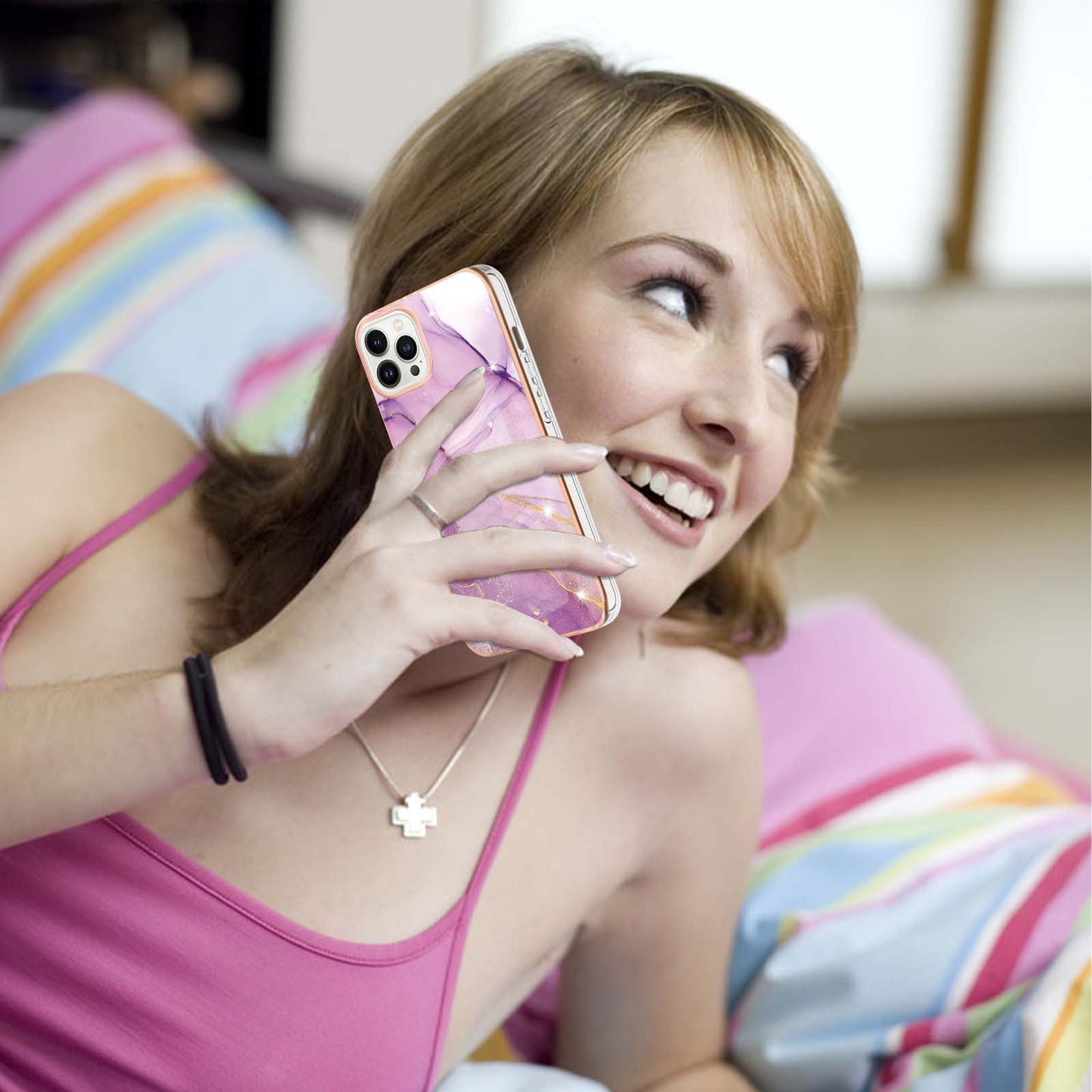 YB IMD Series-2 For iPhone 15 Pro Marble Pattern IMD Phone Case Electroplated TPU Back Cover
