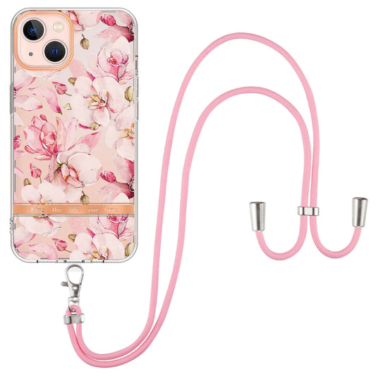 YB IMD-11 Series for iPhone 15 Flower Pattern Electroplating TPU Case Anti-Scratch IMD IML Phone Cover with Lanyard