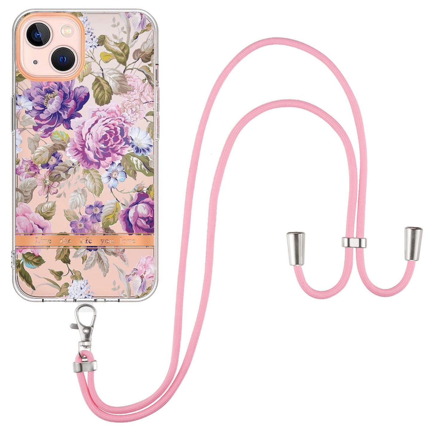 YB IMD-11 Series for iPhone 15 Flower Pattern Electroplating TPU Case Anti-Scratch IMD IML Phone Cover with Lanyard