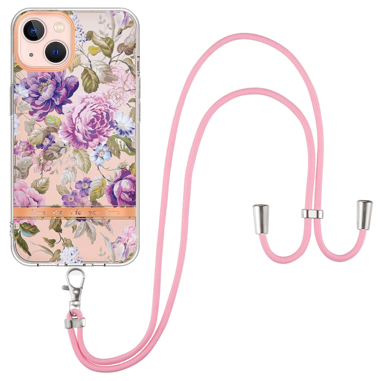 YB IMD-11 Series for iPhone 15 Flower Pattern Electroplating TPU Case Anti-Scratch IMD IML Phone Cover with Lanyard