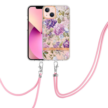 YB IMD-11 Series for iPhone 15 Flower Pattern Electroplating TPU Case Anti-Scratch IMD IML Phone Cover with Lanyard