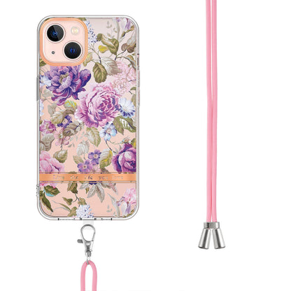 YB IMD-11 Series for iPhone 15 Flower Pattern Electroplating TPU Case Anti-Scratch IMD IML Phone Cover with Lanyard