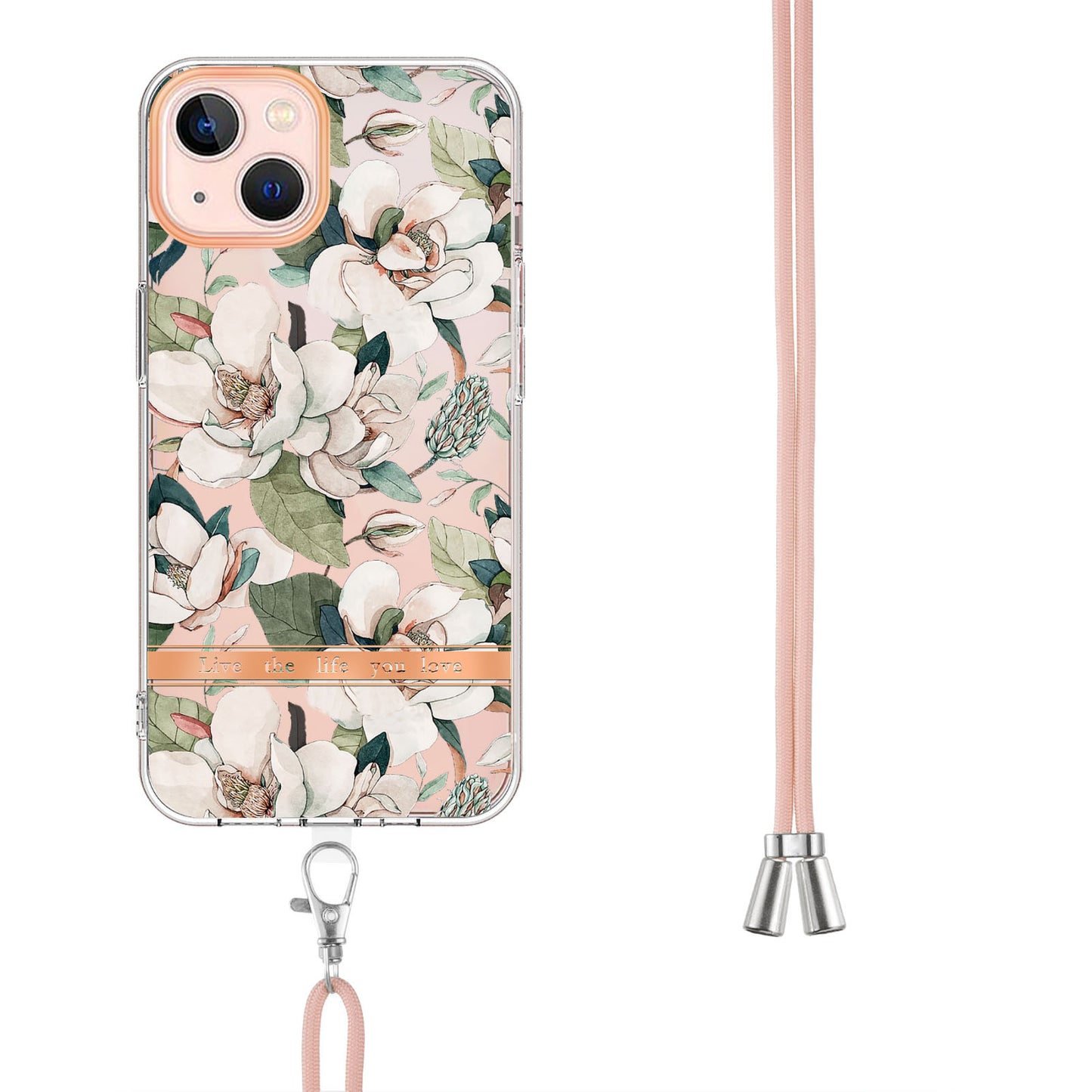 YB IMD-11 Series for iPhone 15 Flower Pattern Electroplating TPU Case Anti-Scratch IMD IML Phone Cover with Lanyard