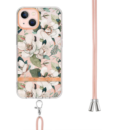 YB IMD-11 Series for iPhone 15 Flower Pattern Electroplating TPU Case Anti-Scratch IMD IML Phone Cover with Lanyard