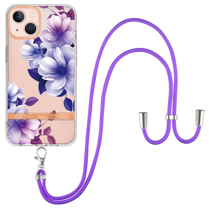 YB IMD-11 Series for iPhone 15 Flower Pattern Electroplating TPU Case Anti-Scratch IMD IML Phone Cover with Lanyard