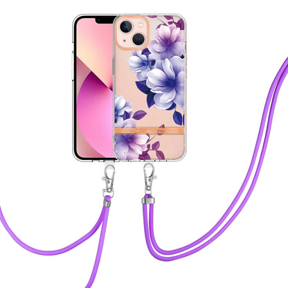 YB IMD-11 Series for iPhone 15 Flower Pattern Electroplating TPU Case Anti-Scratch IMD IML Phone Cover with Lanyard