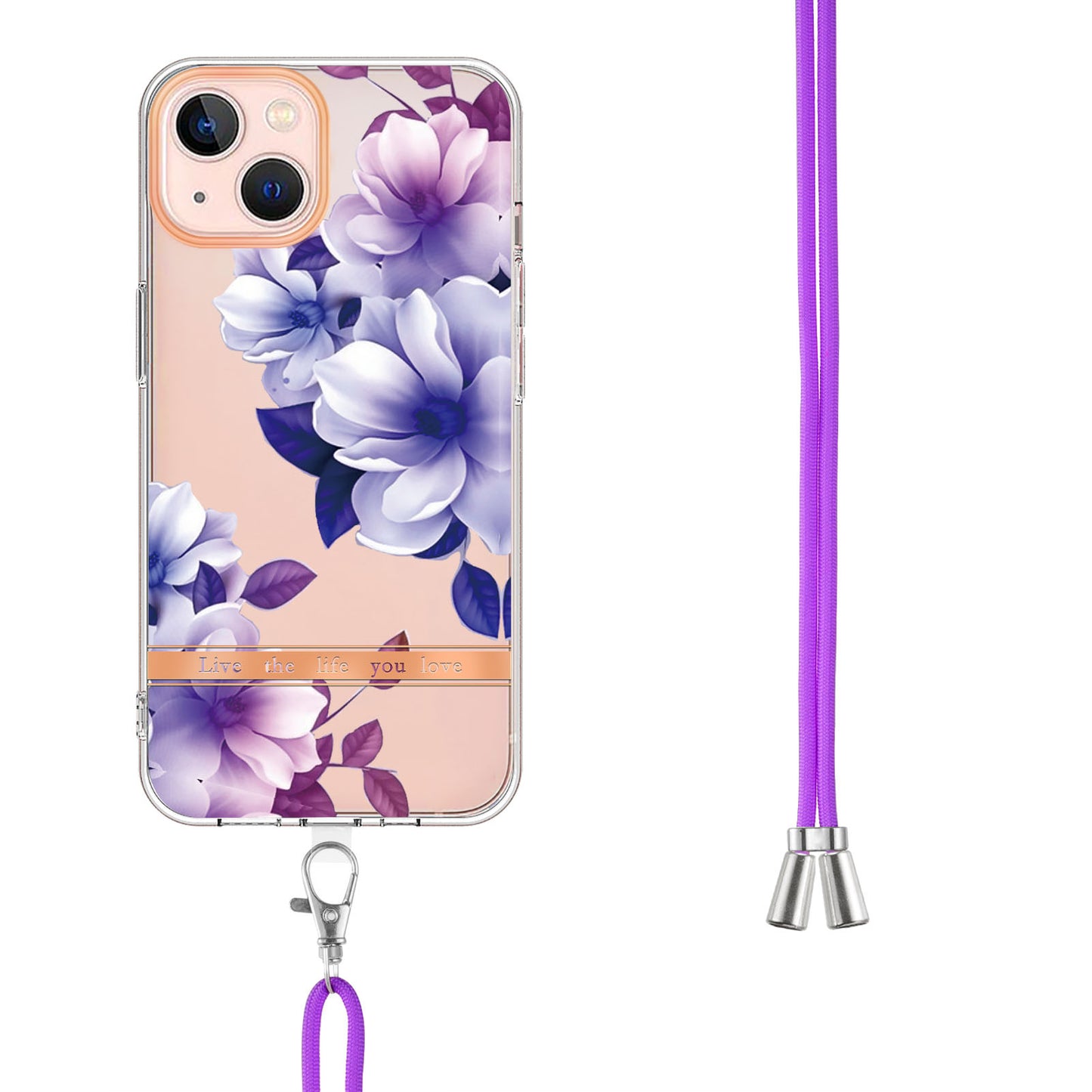 YB IMD-11 Series for iPhone 15 Flower Pattern Electroplating TPU Case Anti-Scratch IMD IML Phone Cover with Lanyard