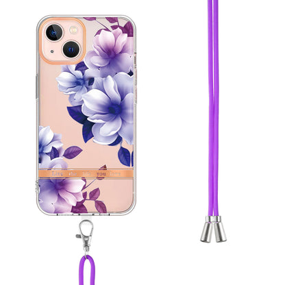 YB IMD-11 Series for iPhone 15 Flower Pattern Electroplating TPU Case Anti-Scratch IMD IML Phone Cover with Lanyard