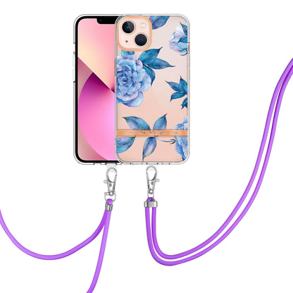 YB IMD-11 Series for iPhone 15 Flower Pattern Electroplating TPU Case Anti-Scratch IMD IML Phone Cover with Lanyard