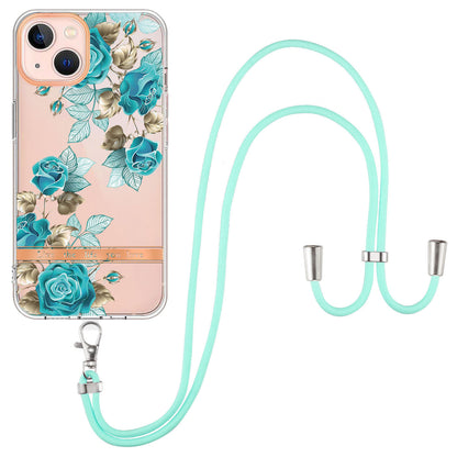 YB IMD-11 Series for iPhone 15 Flower Pattern Electroplating TPU Case Anti-Scratch IMD IML Phone Cover with Lanyard