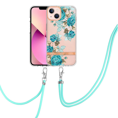 YB IMD-11 Series for iPhone 15 Flower Pattern Electroplating TPU Case Anti-Scratch IMD IML Phone Cover with Lanyard