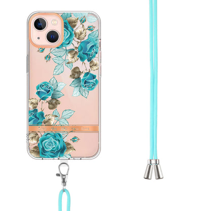 YB IMD-11 Series for iPhone 15 Flower Pattern Electroplating TPU Case Anti-Scratch IMD IML Phone Cover with Lanyard
