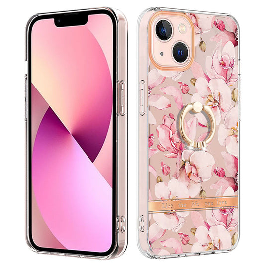 YB IMD-12 Series for iPhone 15 Electroplating Case Flower Pattern IML IMD TPU Phone Cover with Kickstand