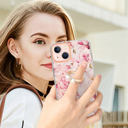 YB IMD-12 Series for iPhone 15 Electroplating Case Flower Pattern IML IMD TPU Phone Cover with Kickstand