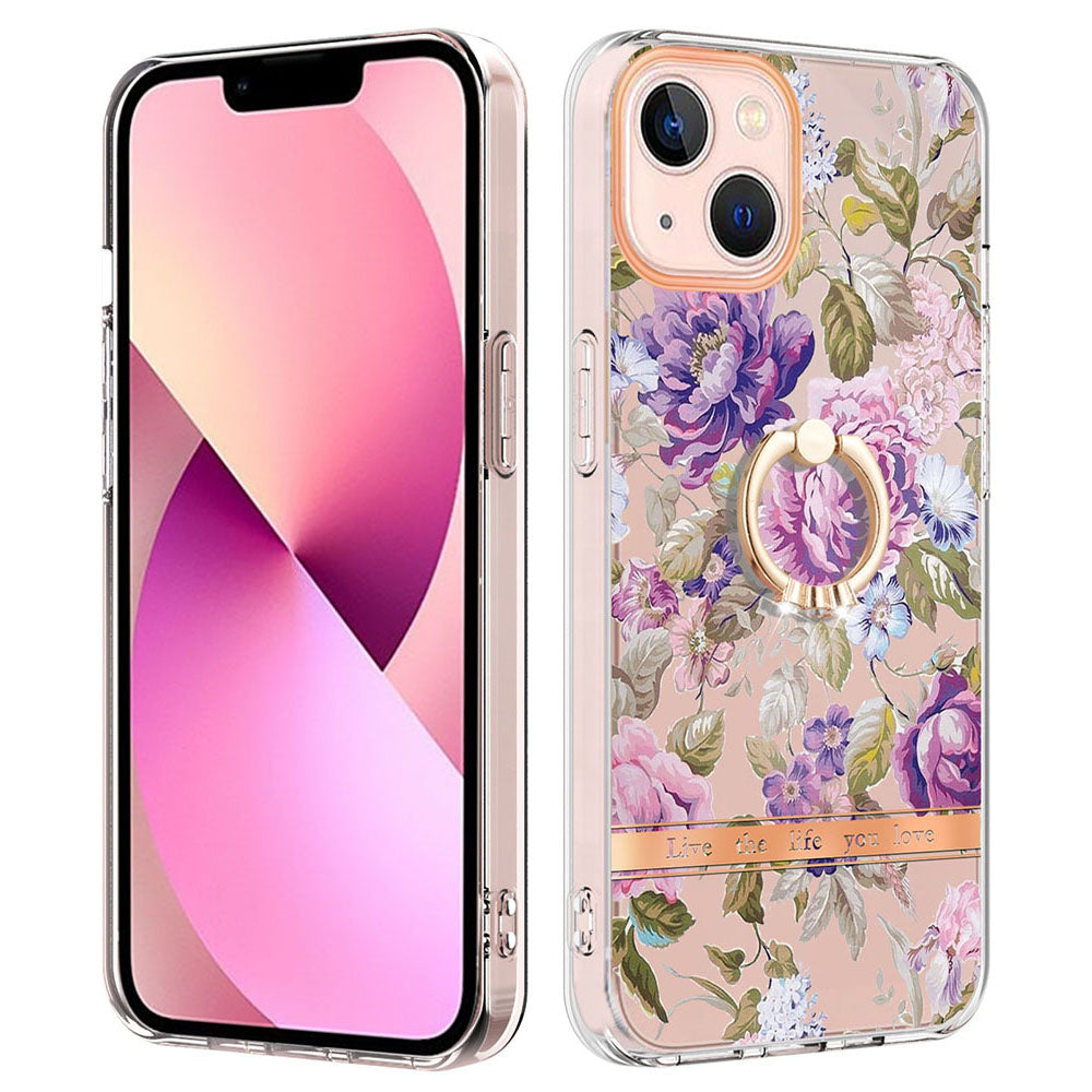 YB IMD-12 Series for iPhone 15 Electroplating Case Flower Pattern IML IMD TPU Phone Cover with Kickstand