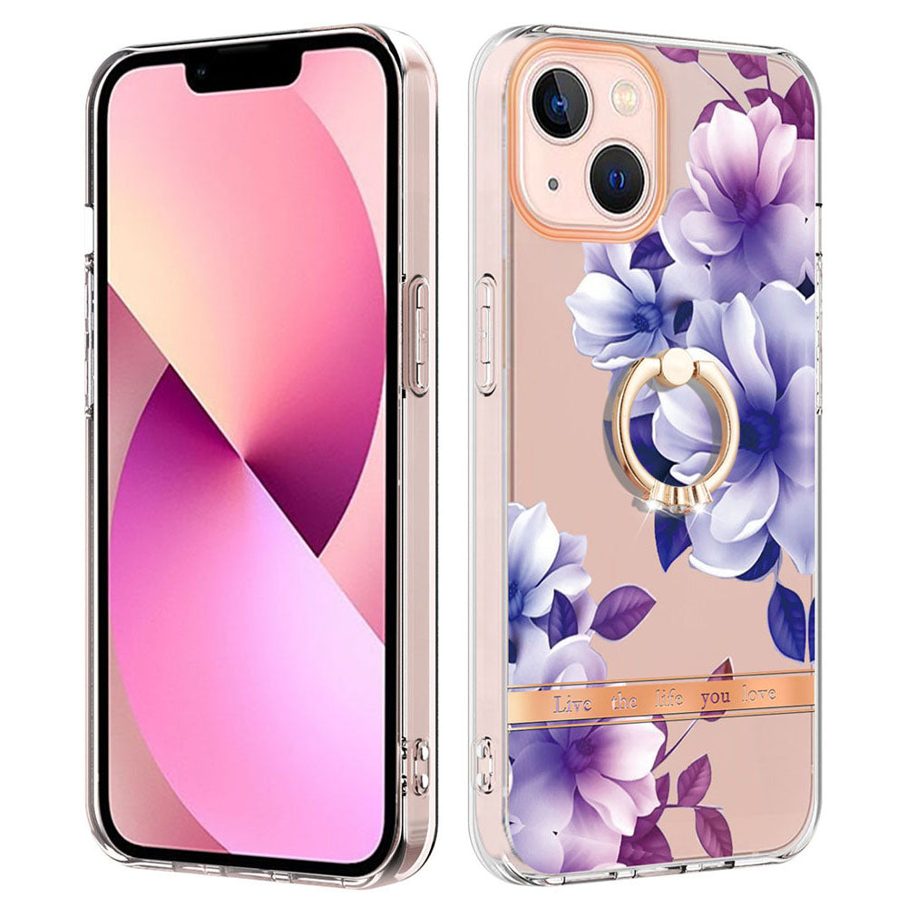 YB IMD-12 Series for iPhone 15 Electroplating Case Flower Pattern IML IMD TPU Phone Cover with Kickstand