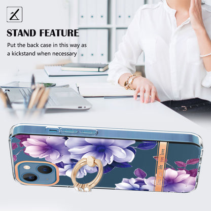 YB IMD-12 Series for iPhone 15 Electroplating Case Flower Pattern IML IMD TPU Phone Cover with Kickstand