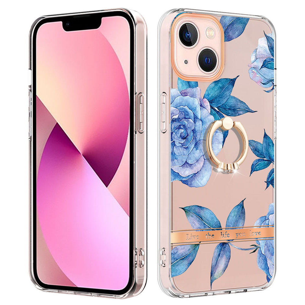 YB IMD-12 Series for iPhone 15 Electroplating Case Flower Pattern IML IMD TPU Phone Cover with Kickstand