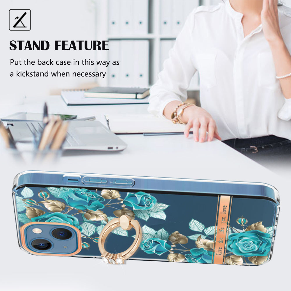 YB IMD-12 Series for iPhone 15 Electroplating Case Flower Pattern IML IMD TPU Phone Cover with Kickstand