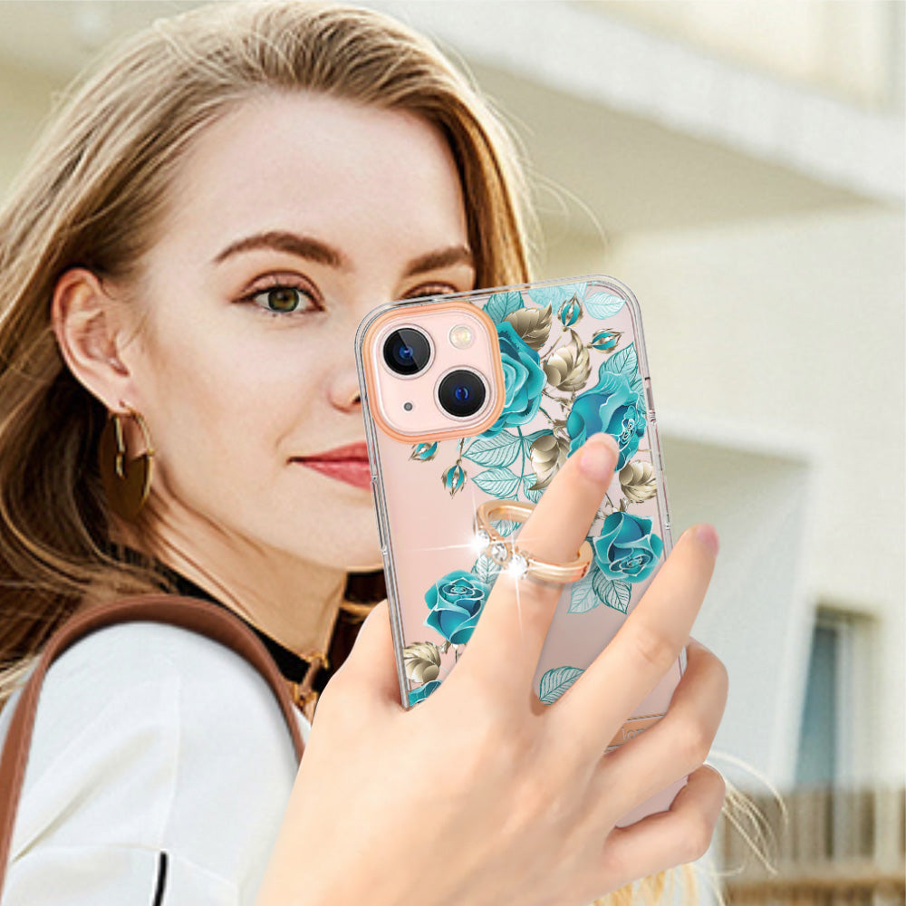 YB IMD-12 Series for iPhone 15 Electroplating Case Flower Pattern IML IMD TPU Phone Cover with Kickstand