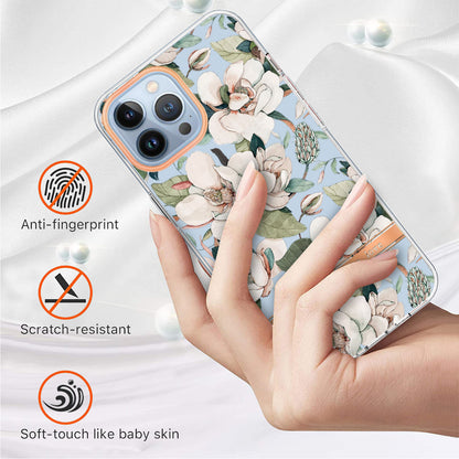 YB IMD-8 Series for iPhone 15 Pro Flower Floral Pattern IMD Phone Case Soft TPU Electroplating Phone Cover