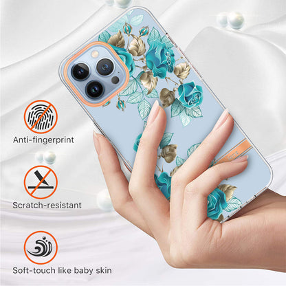 YB IMD-8 Series for iPhone 15 Pro Flower Floral Pattern IMD Phone Case Soft TPU Electroplating Phone Cover