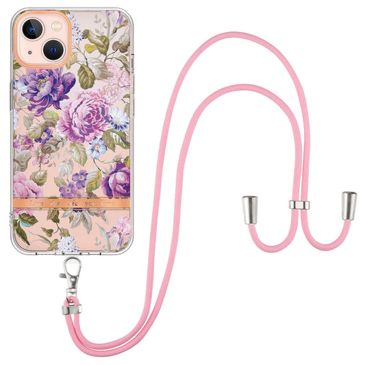YB IMD-11 Series Electroplating TPU Case for iPhone 15 Plus Flower Pattern IMD IML Phone Cover with Lanyard
