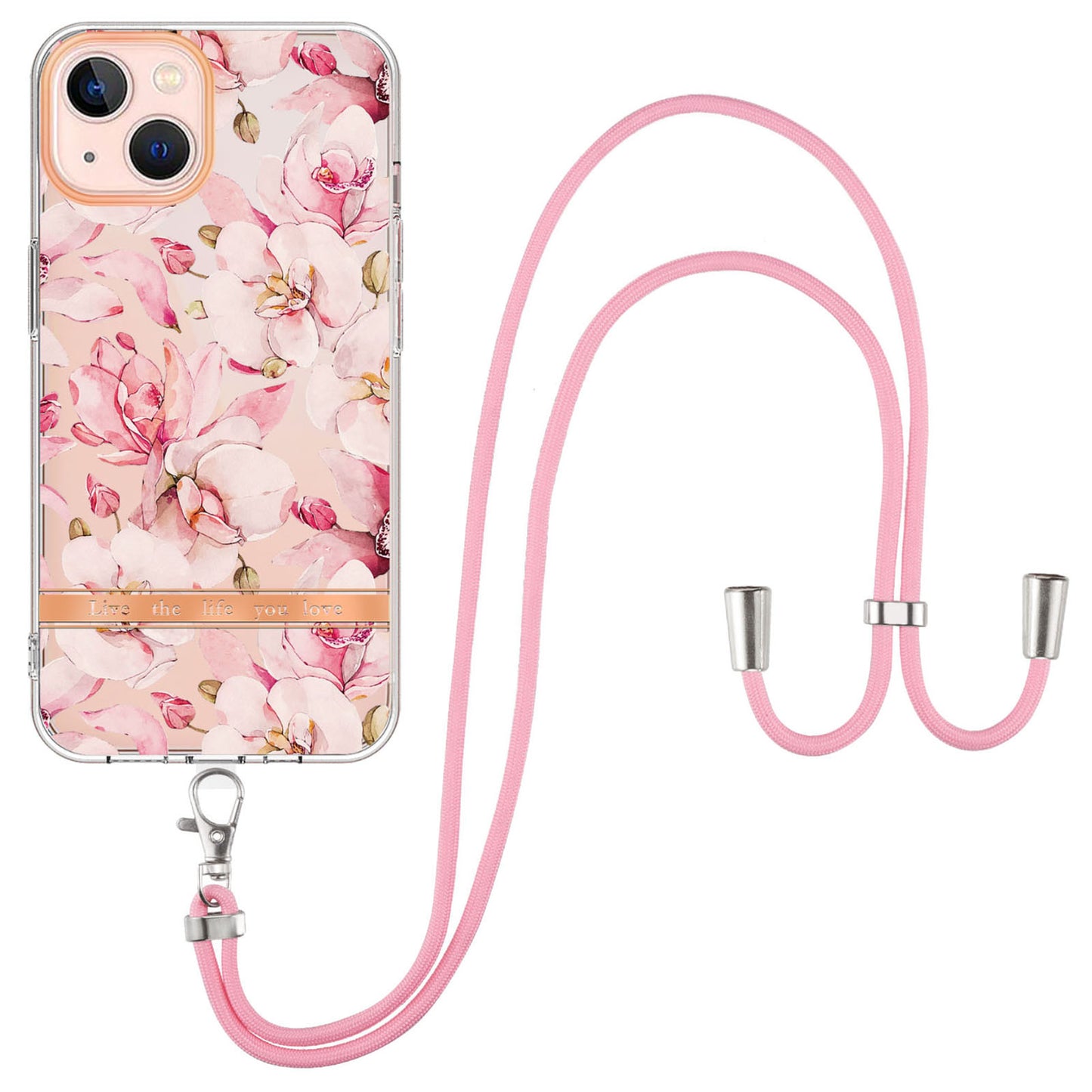 YB IMD-11 Series Electroplating TPU Case for iPhone 15 Plus Flower Pattern IMD IML Phone Cover with Lanyard