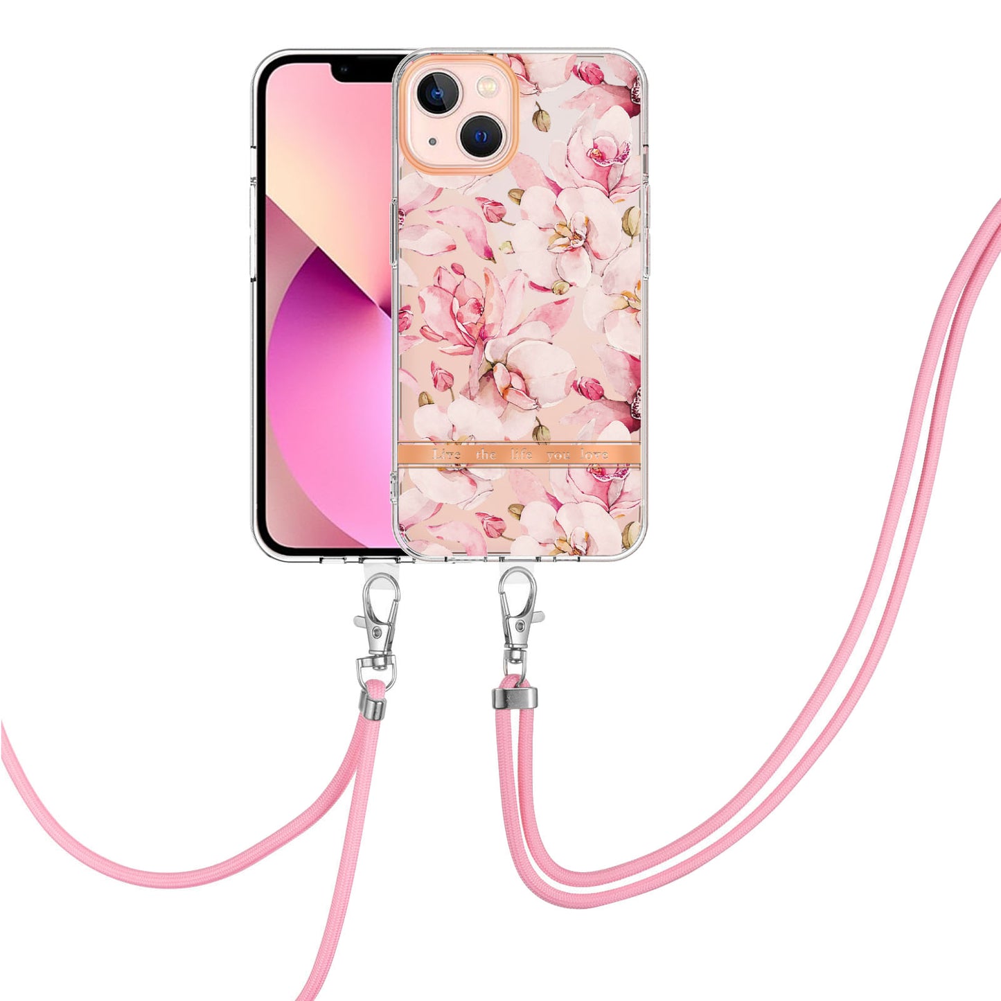 YB IMD-11 Series Electroplating TPU Case for iPhone 15 Plus Flower Pattern IMD IML Phone Cover with Lanyard