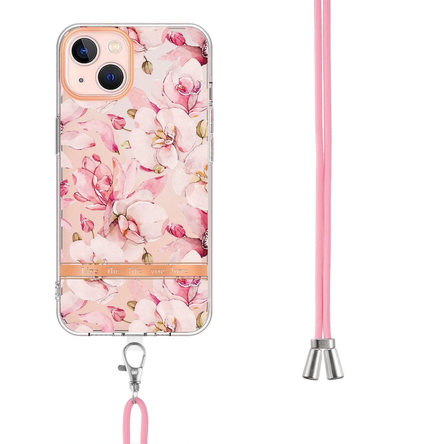 YB IMD-11 Series Electroplating TPU Case for iPhone 15 Plus Flower Pattern IMD IML Phone Cover with Lanyard