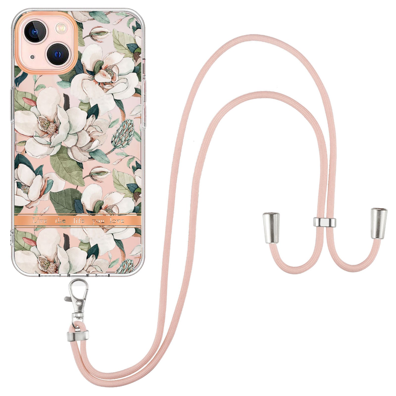 YB IMD-11 Series Electroplating TPU Case for iPhone 15 Plus Flower Pattern IMD IML Phone Cover with Lanyard