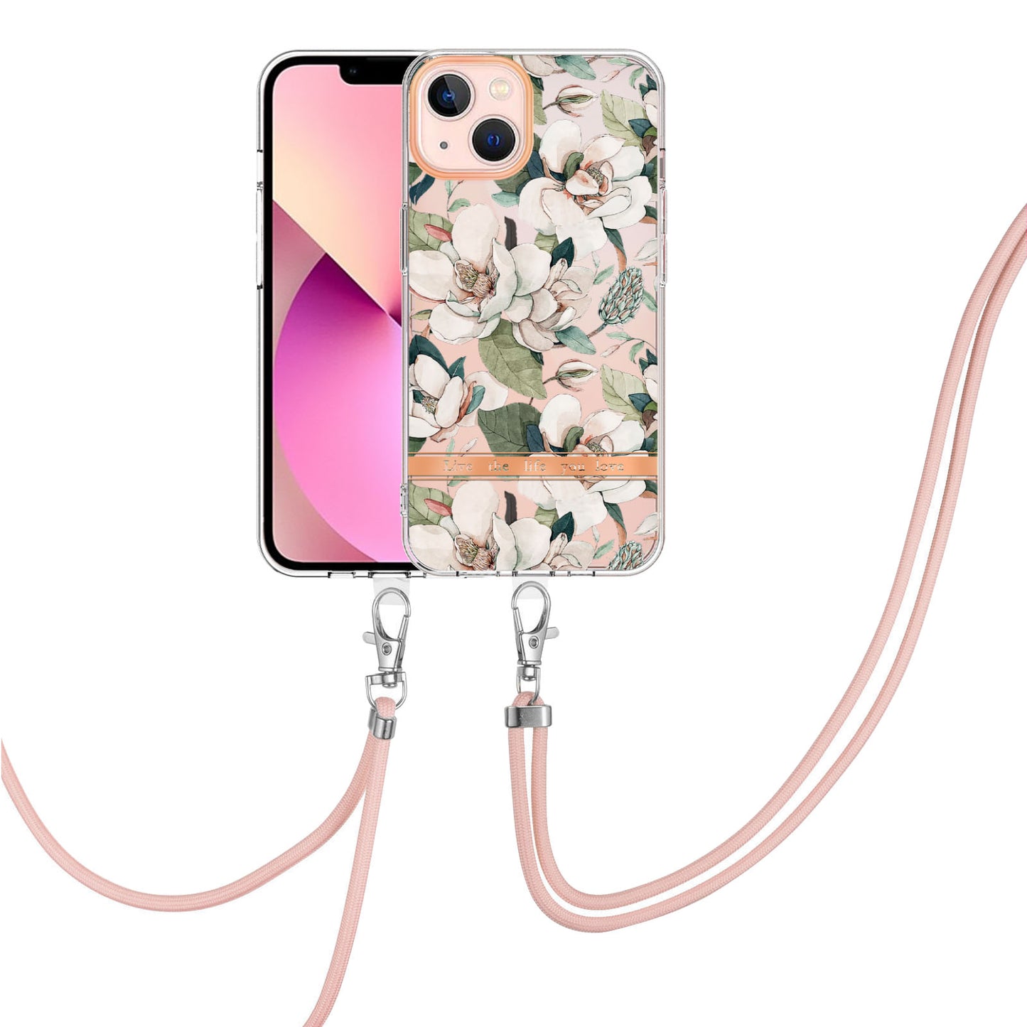 YB IMD-11 Series Electroplating TPU Case for iPhone 15 Plus Flower Pattern IMD IML Phone Cover with Lanyard