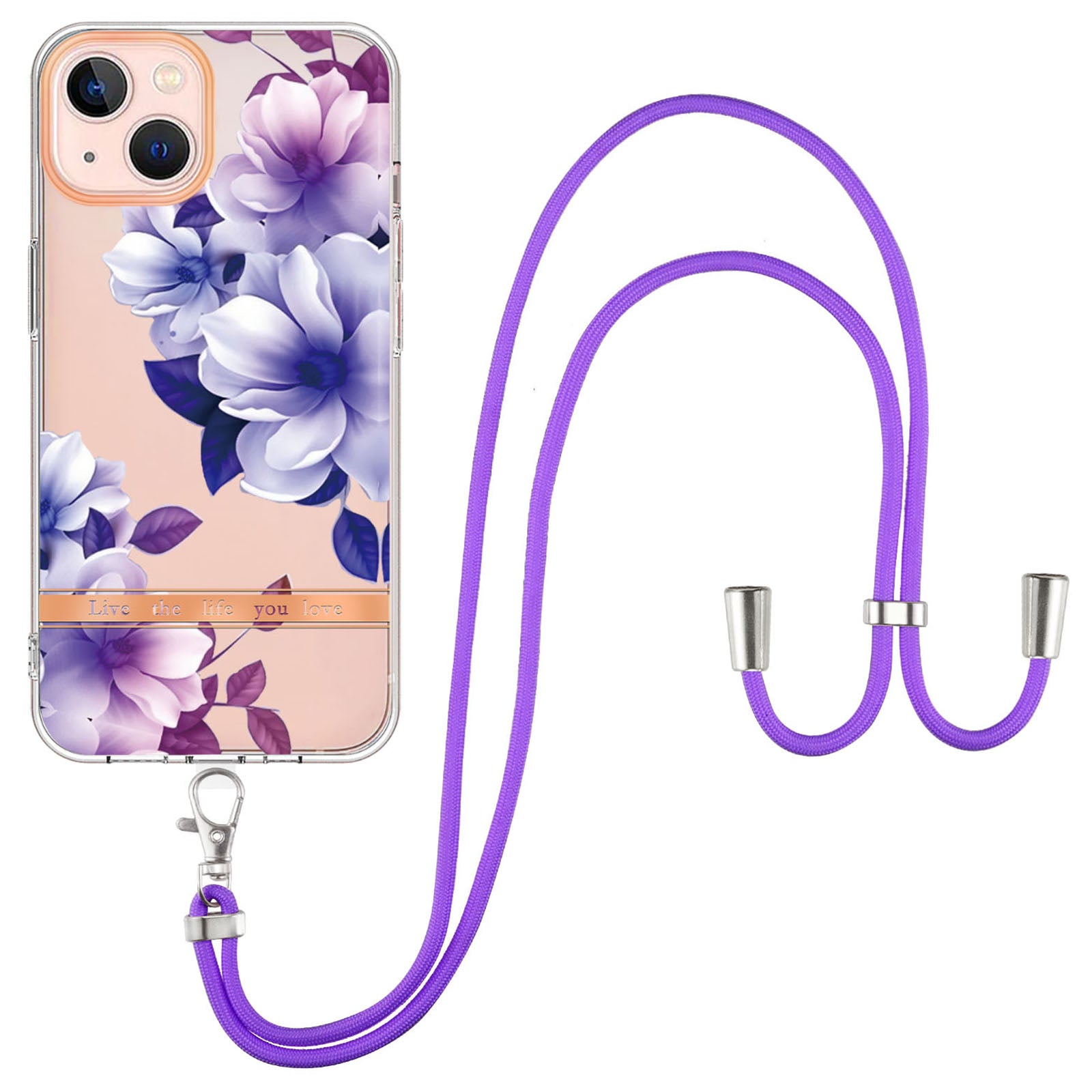YB IMD-11 Series Electroplating TPU Case for iPhone 15 Plus Flower Pattern IMD IML Phone Cover with Lanyard