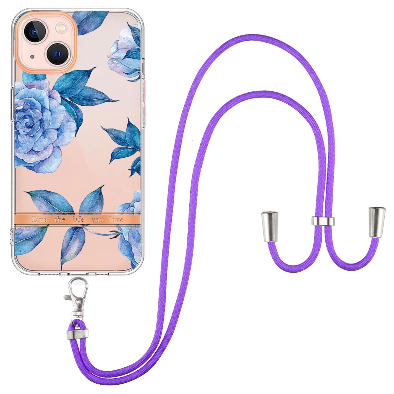 YB IMD-11 Series Electroplating TPU Case for iPhone 15 Plus Flower Pattern IMD IML Phone Cover with Lanyard