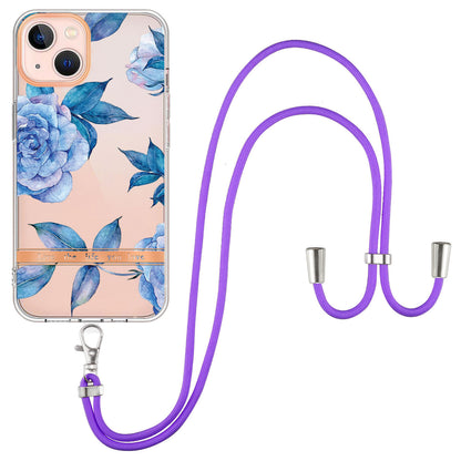 YB IMD-11 Series Electroplating TPU Case for iPhone 15 Plus Flower Pattern IMD IML Phone Cover with Lanyard