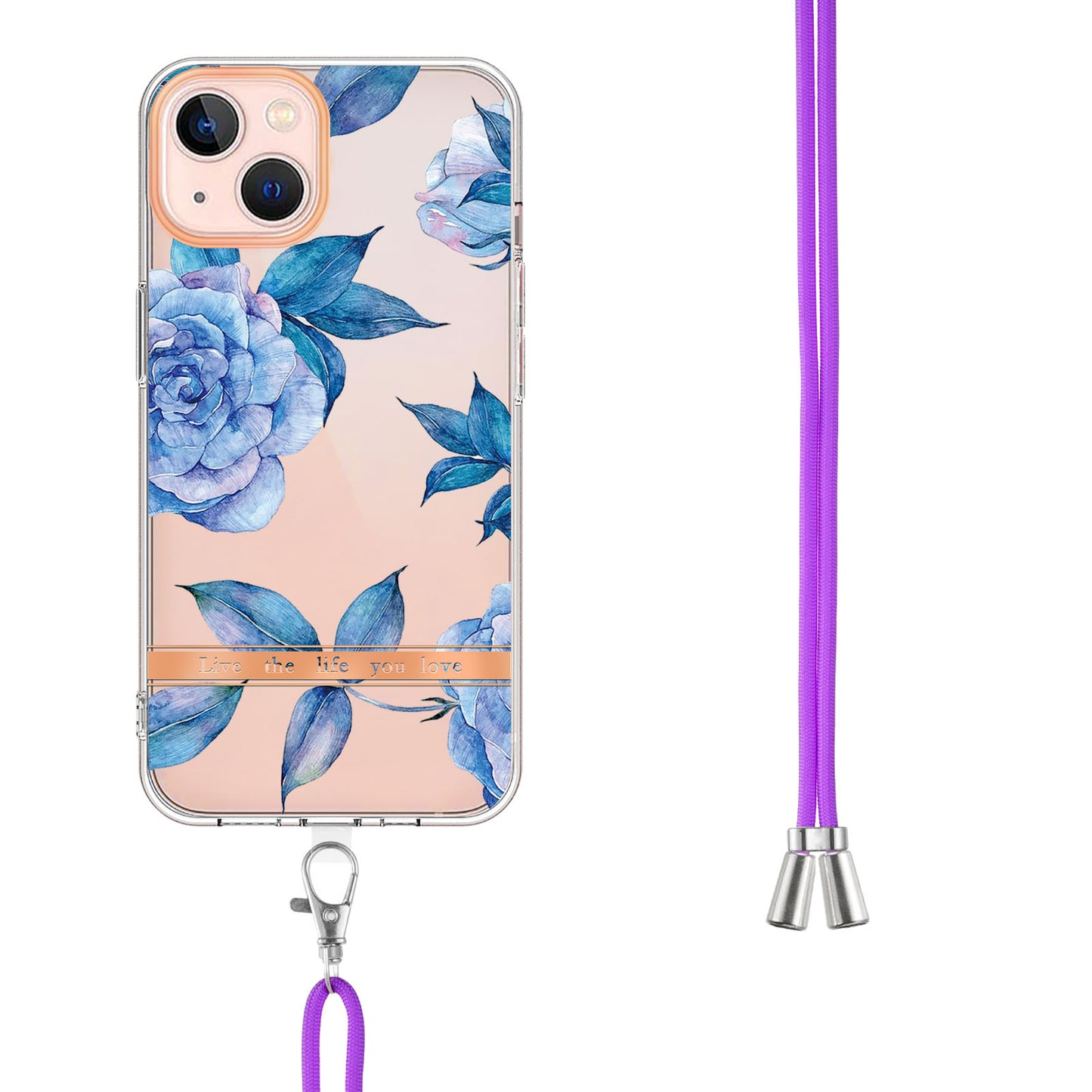 YB IMD-11 Series Electroplating TPU Case for iPhone 15 Plus Flower Pattern IMD IML Phone Cover with Lanyard