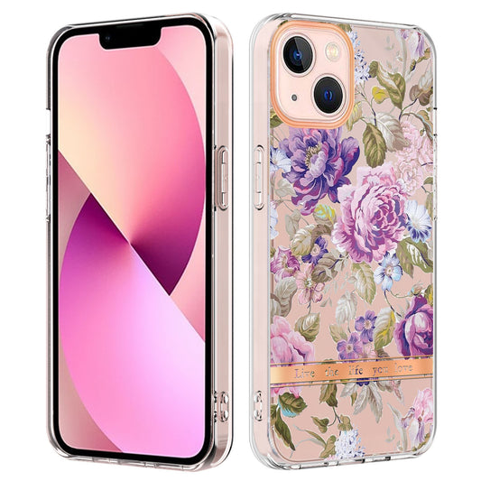 YB IMD-8 Series for iPhone 15 Plus Electroplating Phone Case Flower Floral Pattern IMD Soft TPU Cover