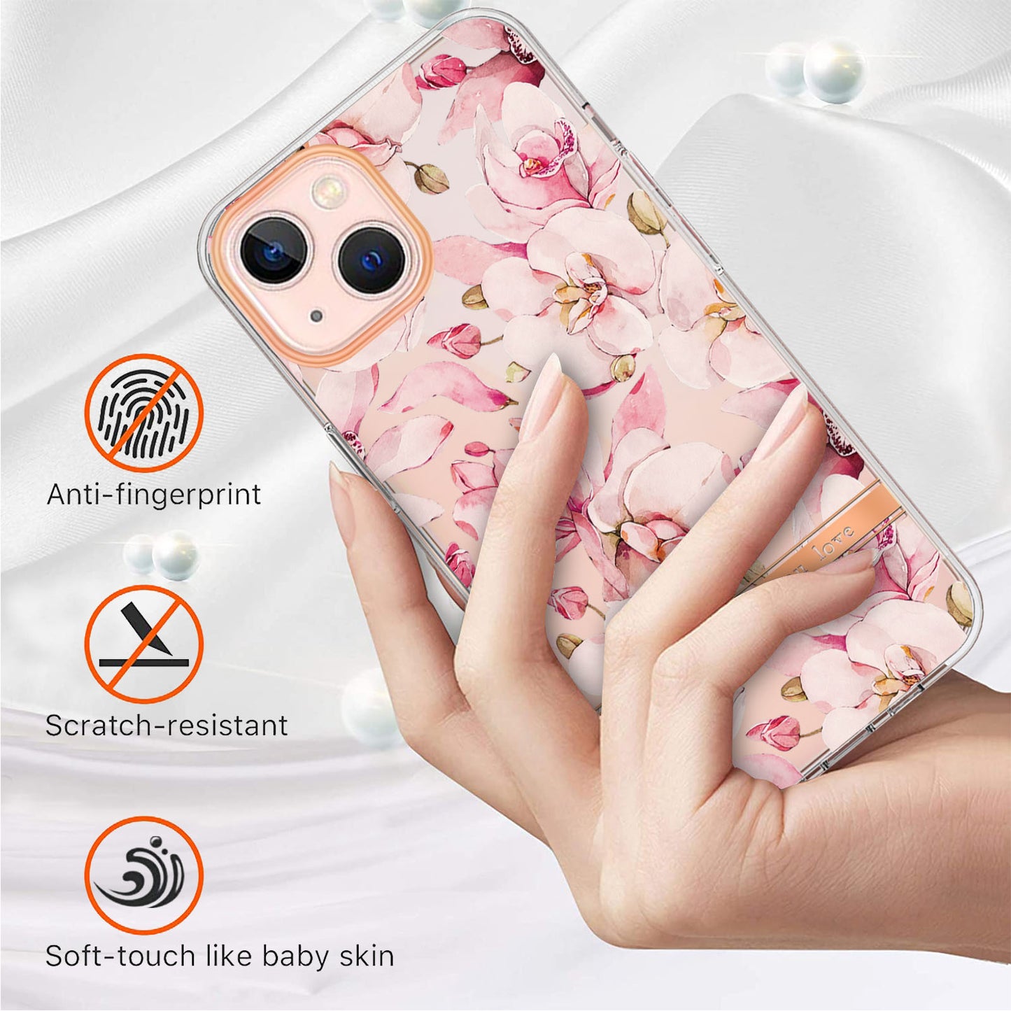 YB IMD-8 Series for iPhone 15 Plus Electroplating Phone Case Flower Floral Pattern IMD Soft TPU Cover