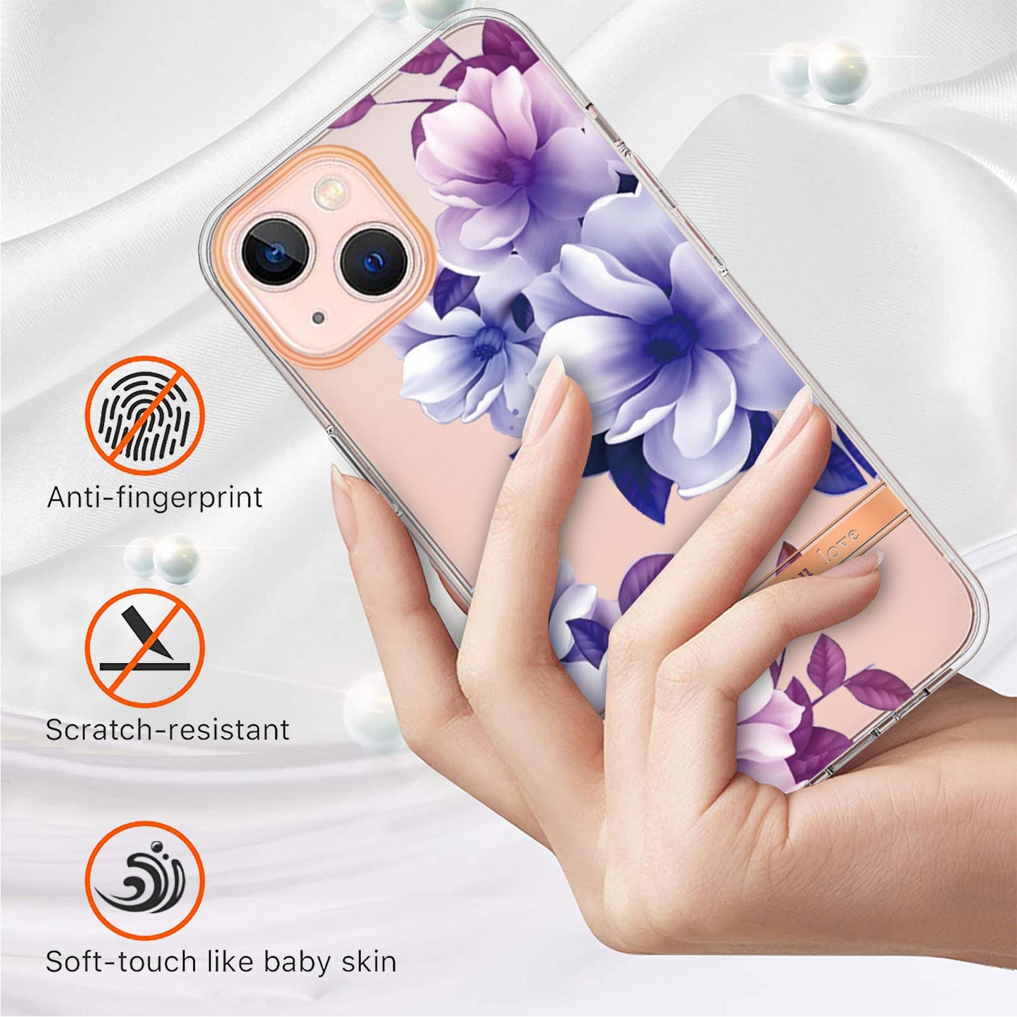 YB IMD-8 Series for iPhone 15 Plus Electroplating Phone Case Flower Floral Pattern IMD Soft TPU Cover