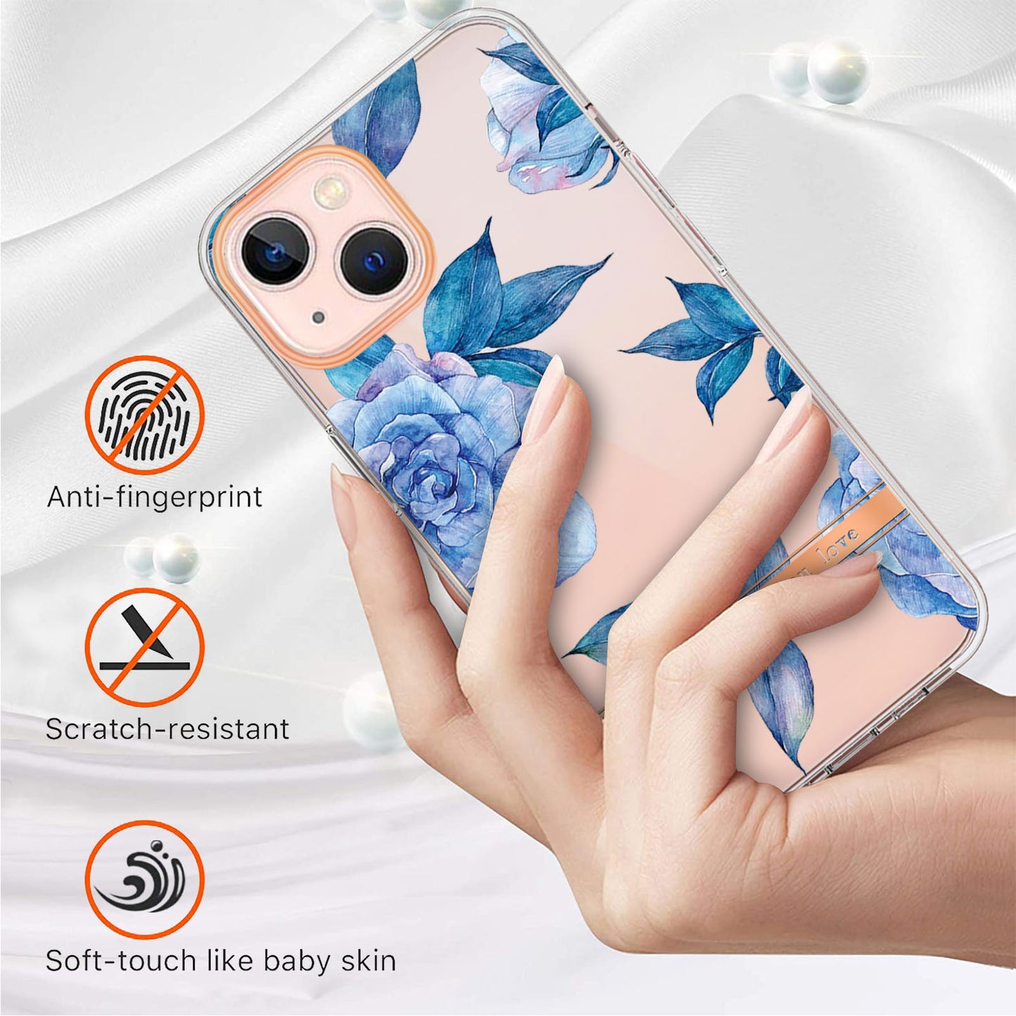YB IMD-8 Series for iPhone 15 Plus Electroplating Phone Case Flower Floral Pattern IMD Soft TPU Cover