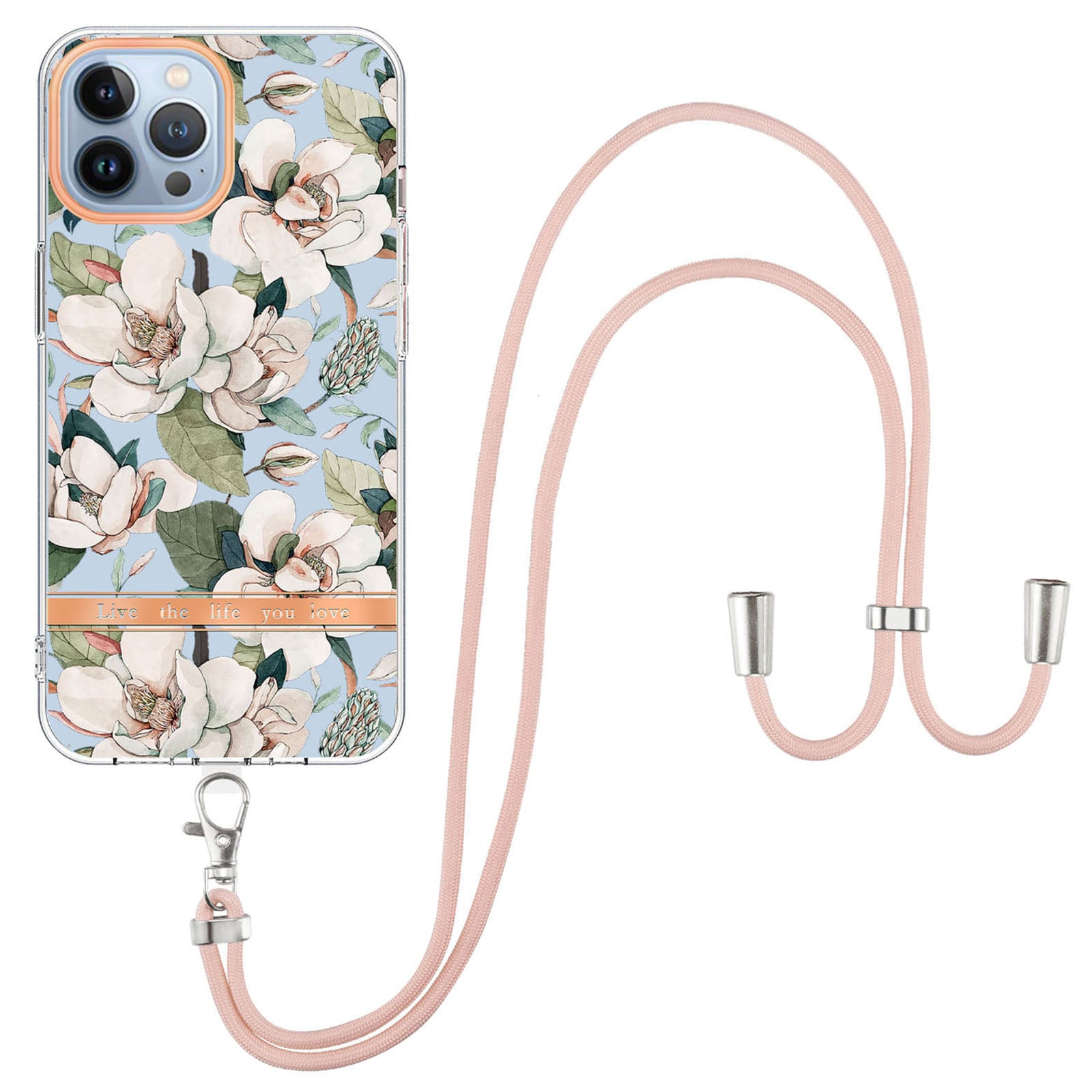 YB IMD-11 Series Flower Pattern TPU Case for iPhone 15 Pro Max Anti-Drop IMD IML Electroplating Phone Cover with Lanyard