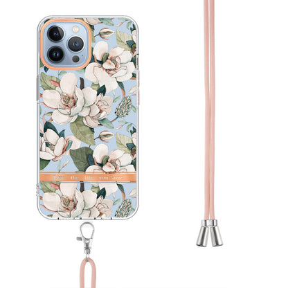 YB IMD-11 Series Flower Pattern TPU Case for iPhone 15 Pro Max Anti-Drop IMD IML Electroplating Phone Cover with Lanyard