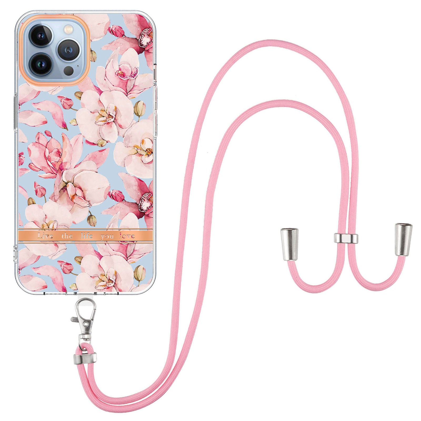 YB IMD-11 Series Flower Pattern TPU Case for iPhone 15 Pro Max Anti-Drop IMD IML Electroplating Phone Cover with Lanyard