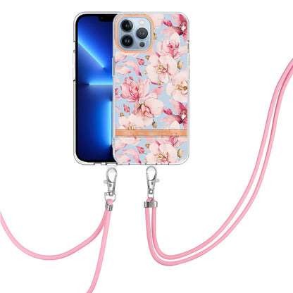 YB IMD-11 Series Flower Pattern TPU Case for iPhone 15 Pro Max Anti-Drop IMD IML Electroplating Phone Cover with Lanyard