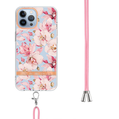 YB IMD-11 Series Flower Pattern TPU Case for iPhone 15 Pro Max Anti-Drop IMD IML Electroplating Phone Cover with Lanyard