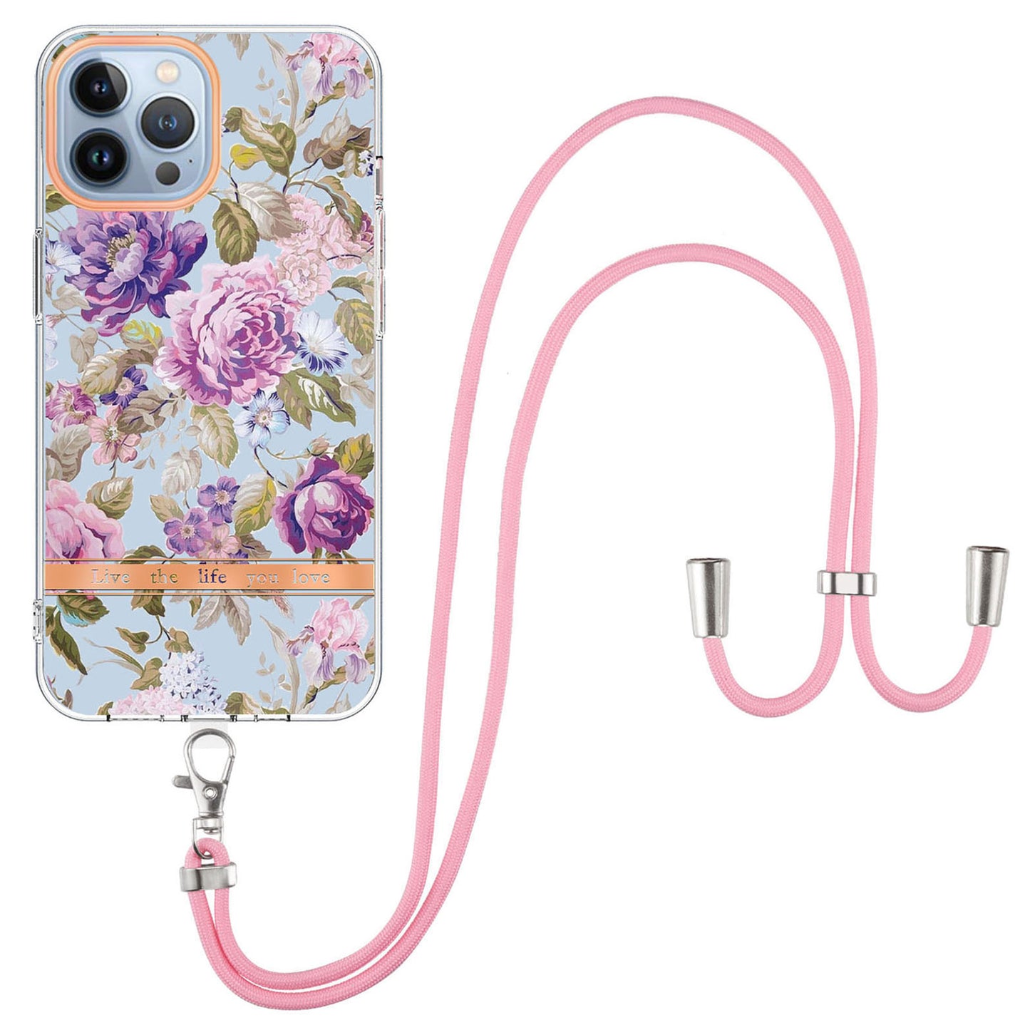 YB IMD-11 Series Flower Pattern TPU Case for iPhone 15 Pro Max Anti-Drop IMD IML Electroplating Phone Cover with Lanyard