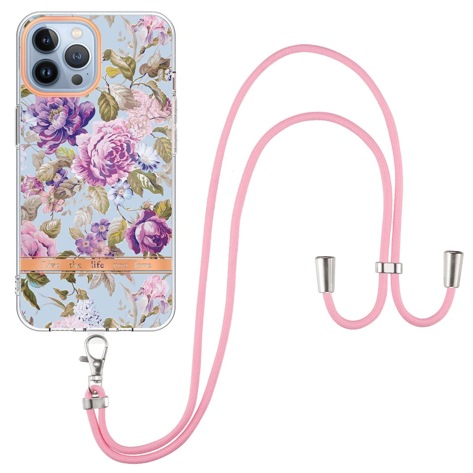 YB IMD-11 Series Flower Pattern TPU Case for iPhone 15 Pro Max Anti-Drop IMD IML Electroplating Phone Cover with Lanyard