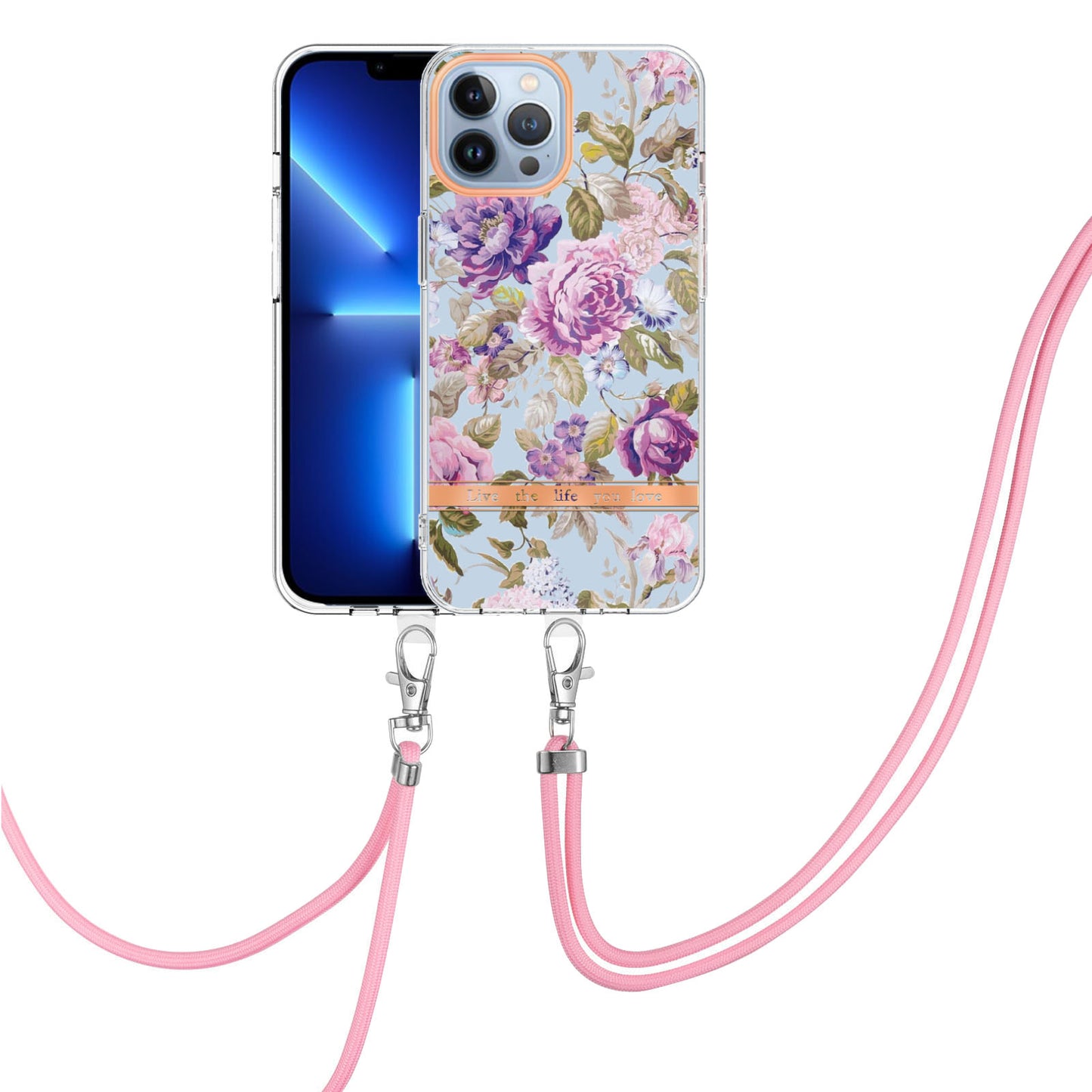 YB IMD-11 Series Flower Pattern TPU Case for iPhone 15 Pro Max Anti-Drop IMD IML Electroplating Phone Cover with Lanyard