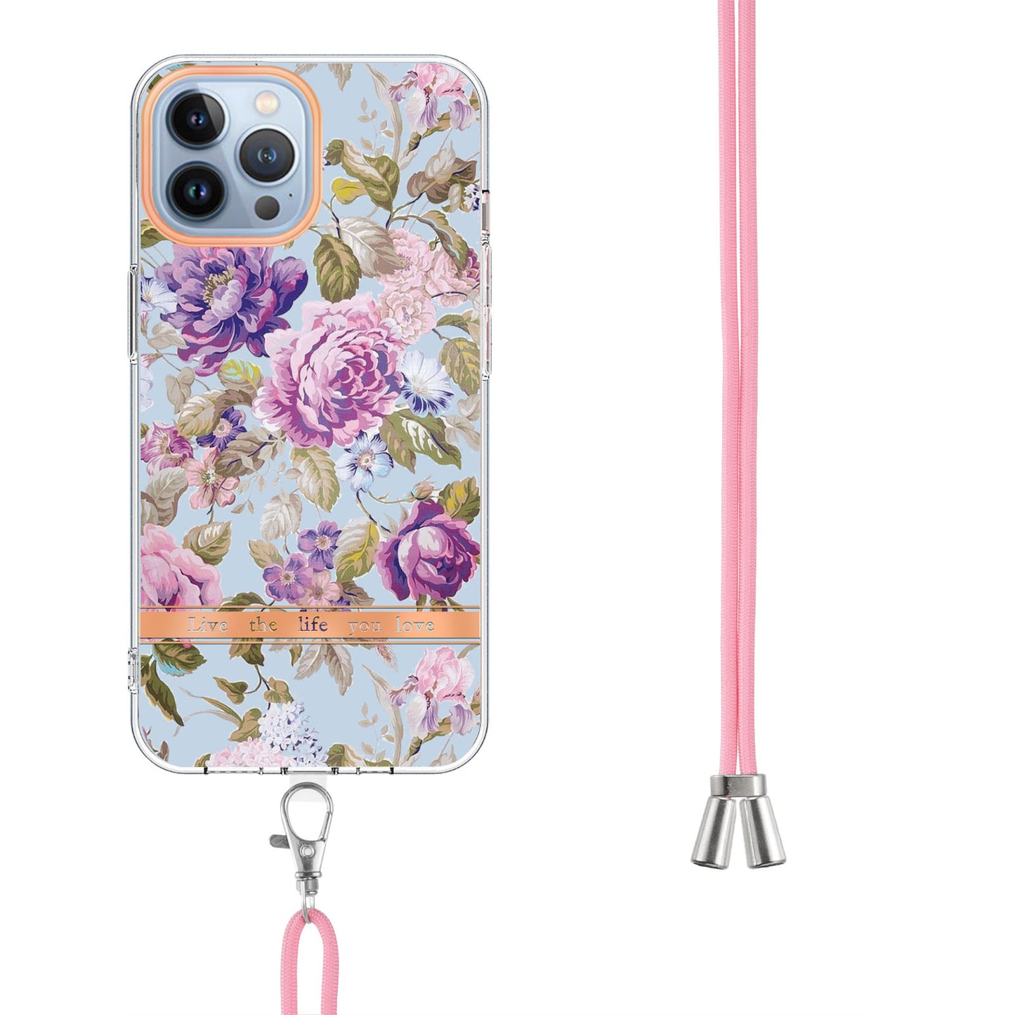 YB IMD-11 Series Flower Pattern TPU Case for iPhone 15 Pro Max Anti-Drop IMD IML Electroplating Phone Cover with Lanyard
